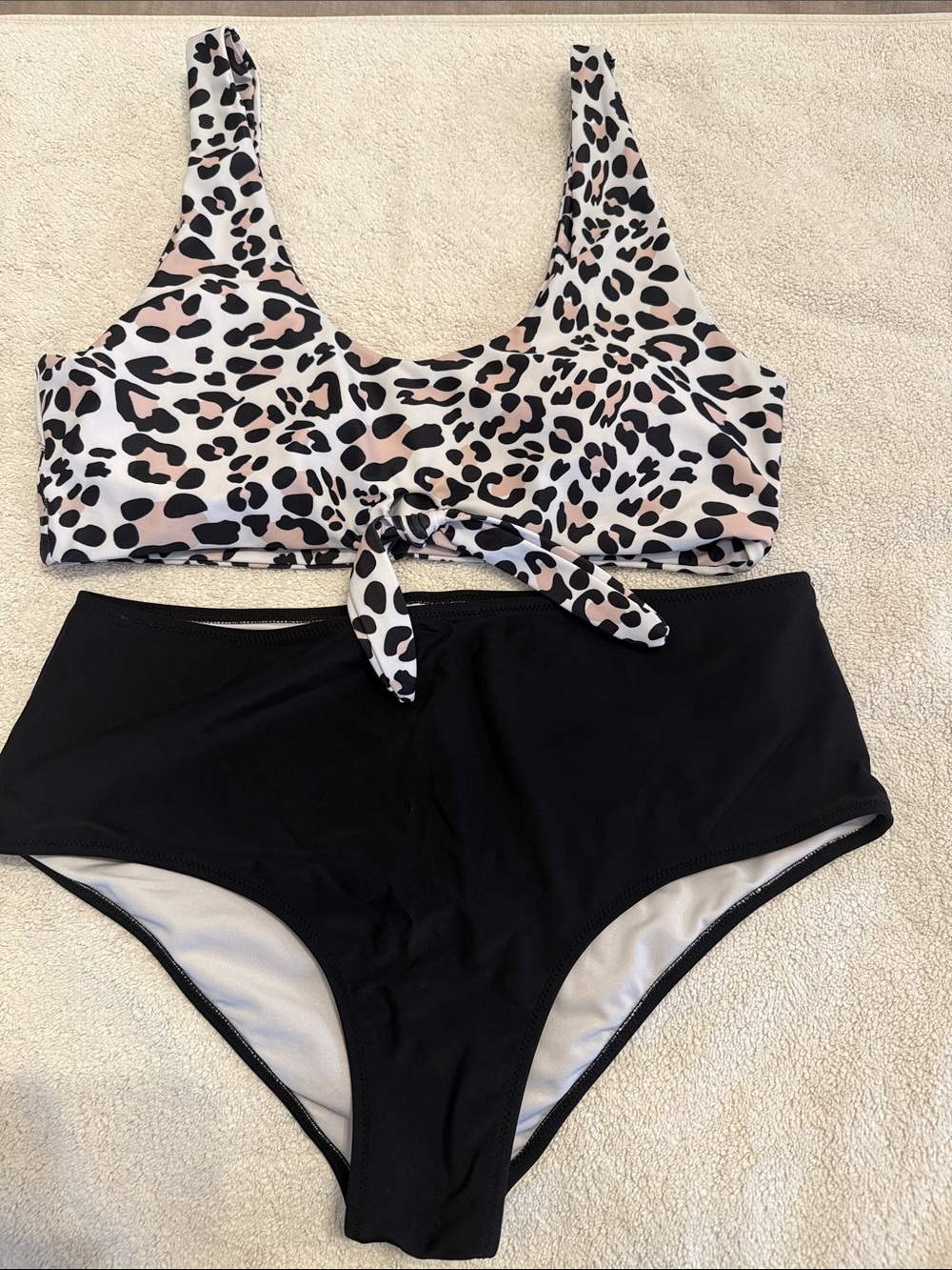 Leopard Print Tie-Front Bikini Top with Black High-Waist Bottoms